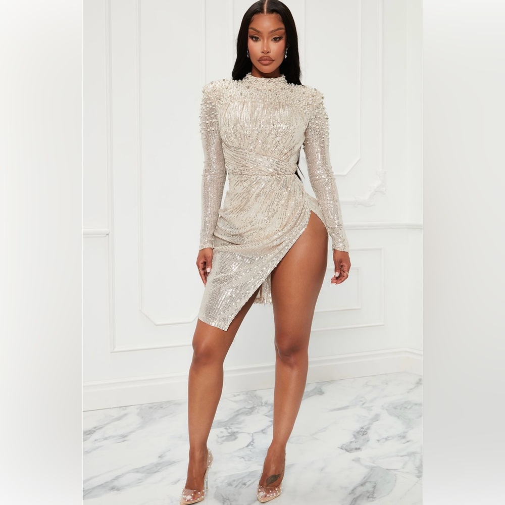 Fashion Nova High Society Sequin Midi Dress Silver